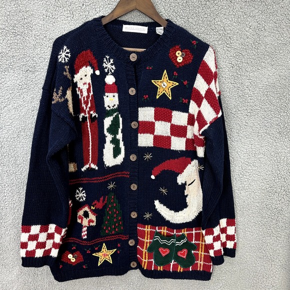 Valerie Stevens Christmas Cardigan M Blue Santa Snowman Moon Ugly Sweater Vtg - Picture 1 of 9